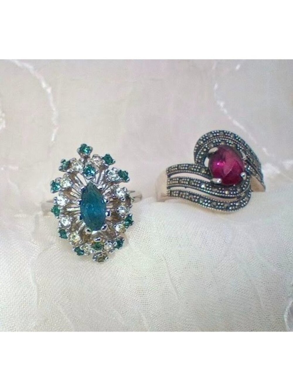 Set 2 Rings ESPO Blue Marquise Rhinestone 18k Heavy Gold Electroplate & Red Oval - Picture 2 of 9